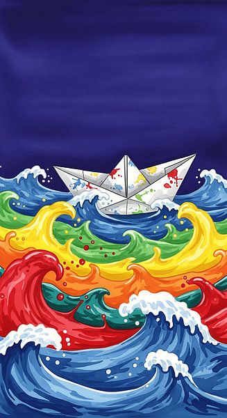 Papierboot auf Regenbogenwellen - Bunte Ozean Illustration Poster von Creative On Site