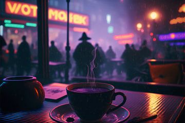Koffie in de regen in vaporwave style van Hive Arts Studio