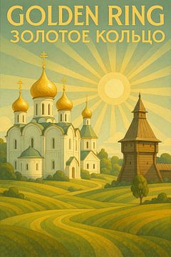 Affiche de voyage de l'anneau d'or de la Russie - églises orthodoxes &amp ; Rolling Hills Art