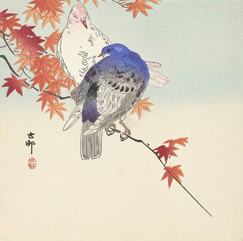 Ohara Koson - Two quails at full moon (edited)