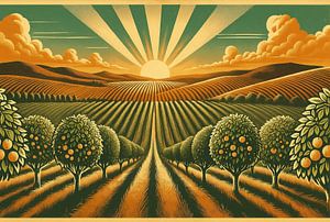 Vintage Obstgarten Sonnenaufgang Poster