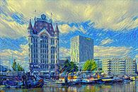 Schilderij Rotterdam: Witte Huis in de stijl van de Sterrennacht van Van Gogh van Slimme Kunst.nl thumbnail