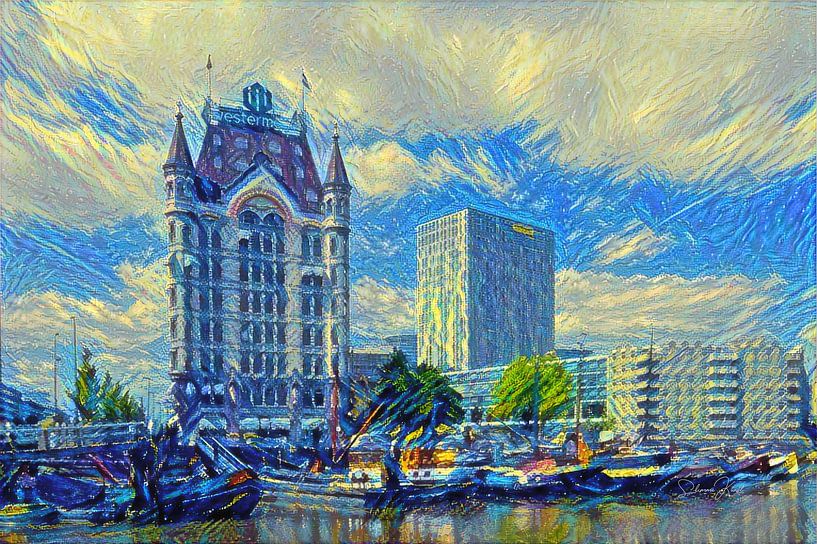 Schilderij Rotterdam: Witte Huis in de stijl van de Sterrennacht van Van Gogh van Slimme Kunst.nl