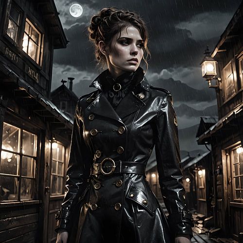 young woman in a street illuminated in the evening