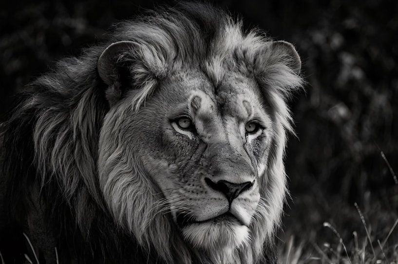 Schwarz-Weiß-Porträt eines majestätischen Löwen von Art & Soul Creations