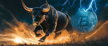 Stier met Bitcoin en bliksemkracht van Poster Art Shop