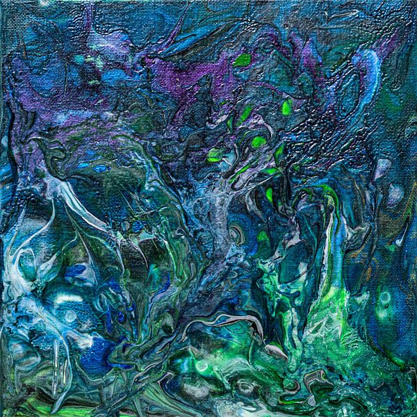 Abstract, organisch blauw groen paars acryl gieten schilderij van Anita Meis