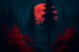 Crimson Moonrise: Into the Mystic Pines by RahaLune Artspace