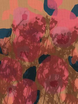 Kleurrijke botanische kunst in neonroze, bruin, blauw. Monotypes weidebloemen. van Dina Dankers