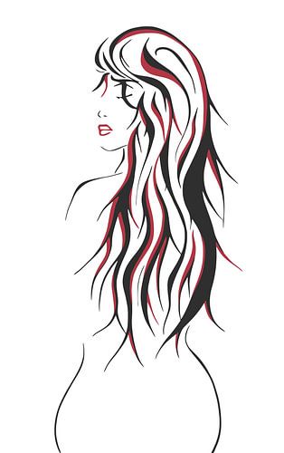 Drawing of the face and back of a woman with long hair