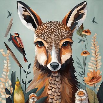 Kunstvolle Rehe oder Hirsche mit Vögeln und Blumen - Tierportrait