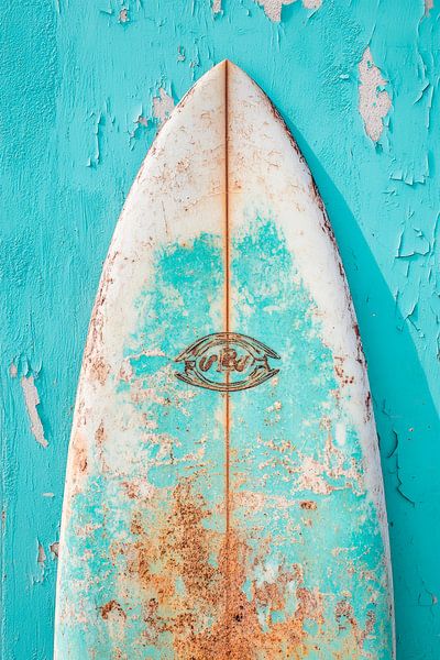 Vintage surfboard on a pastel blue background by Poster Art Shop