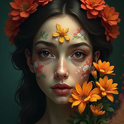 Bloemenmagie – Mystieke Vrouw met Artistieke Bloemschilderskunst