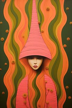 Vrouw met gekleurd lang haar en een oranje roze hoed van Laila Bakker