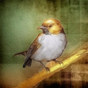 Warm en sfeervol schilderij van een lief klein vogeltje op gouden tak van Studio Pieternel