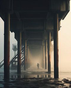Mann unter Seebrücke im Morgennebel
