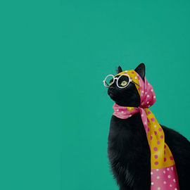 Elegante schwarze Katze mit Tuch und Brille im Retro Stil voller Charme und Vintage Eleganz von Floral Abstractions