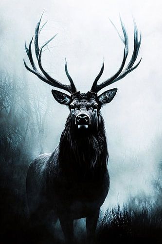 Mystiek hert in mistig bos