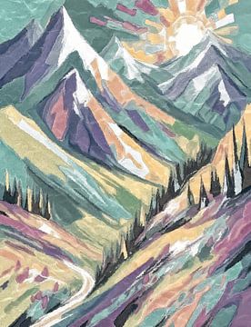 Untergehende Sonne in den Bergen in Pastellfarben (2) von Anna Marie de Klerk