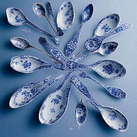 A dynamic number of delft blue spoons in round shape old Dutch master style art modern. by J.a Dijkstra