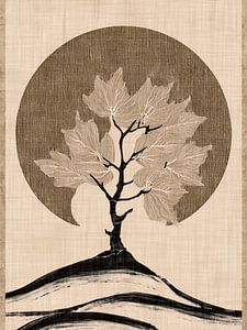 Japandi Art: Baum mit Mond und abstrakten Hügeln