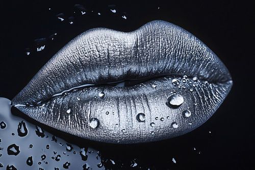 Reflecterende zilveren lippen close-up