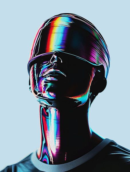 Futuristischer Regenbogen Chrom Portrait Wandkunst - Cyberpunk Kopf Skulptur Druck von Ramy Salah Hefny