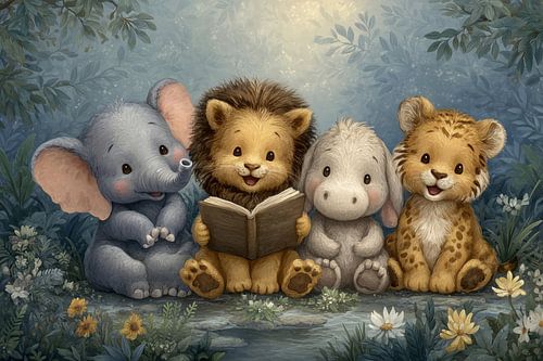 Cute safari animals with book in the jungle