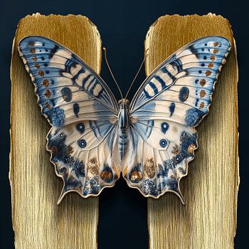 Delfts Blauwe Vlinder met Gouden Streken naar onderen