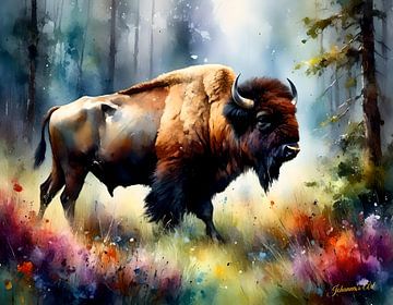 Wildtiere in Aquarell - Bison 2 von Johanna's Art