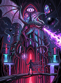 Grafische Illustration: Dunkle Fantasy, Zauberer, Drachenkampf, gotische Kathedrale von The Deeper Way