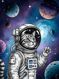 Curious Feline Astronaut Waving Paw Through a Psychedelic Cosmic Galaxy Adventure by NAIME ATELIER