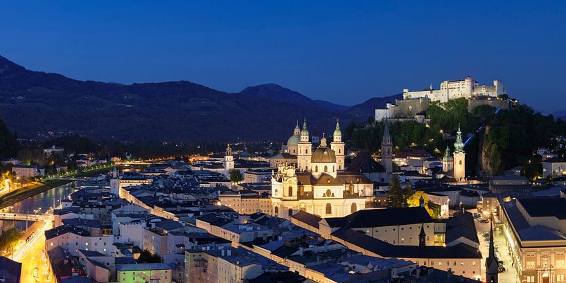 Old town of Salzburg with fortress Hohensalzburg at blue hour by Markus Lange