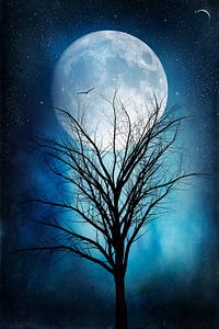 Volle maan nacht en winterboom van Dirk Wüstenhagen