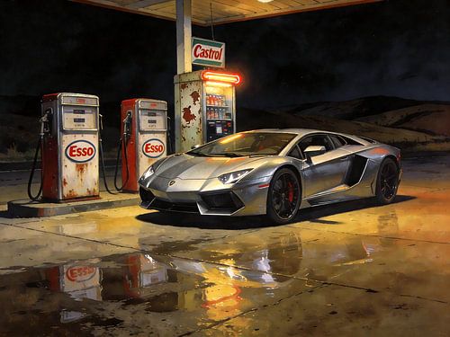 Silver Lamborghini Murciélago at Vintage Gas Station