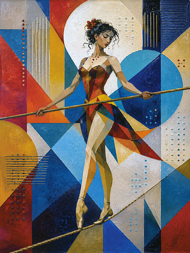 A colourful cubist painting of an elegant tightrope walker.