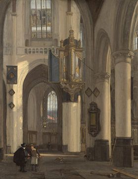 Interieur van een protestantse gotische kerk met motieven van de Oude en de Nieuwe Kerk te Amsterdam