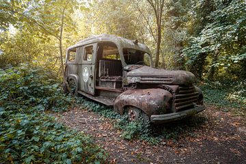 verlassener Krankenwagen im Wald