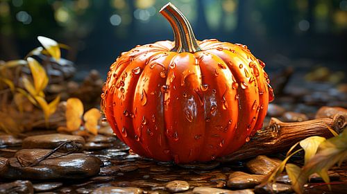 Decoratie pompoen met waterdruppels en herfstbladeren