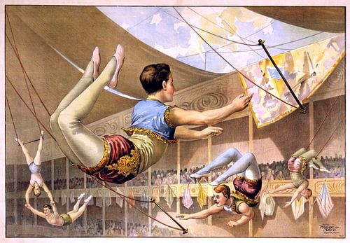 Poster van een Circus met acrobaten aan een trapeze, 1890