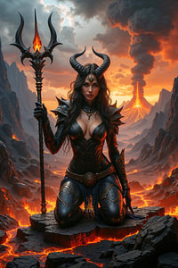Dark Fantasy Art Wandbild: ZYRAKETH - Der weibliche Teufel mit einem Dreizack in der Hölle