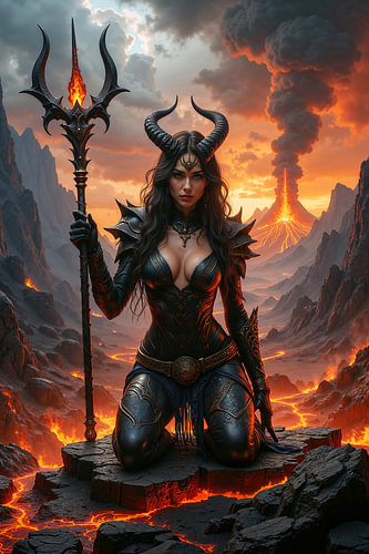 Dark Fantasy Wall Art: ZYRAKETH - De vrouwelijke duivel met een drietand in de hel