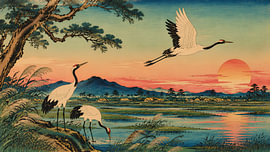 Paysage japonais vintage représentant une grue au coucher du soleil sur my pixel art
