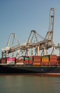 Containerkranen en containerschepen in de haven. van scheepskijkerhavenfotografie