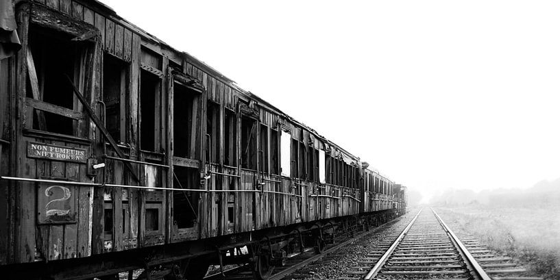 Abandoned train on train track with misty vista by Taïs Coppens Photography
