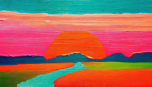 Abstracte Panorama van zonsondergang met rivier in levendige kleuren