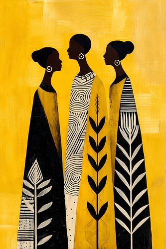 Three stylised women on a yellow background
