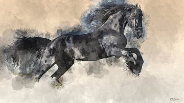 Digital Art. / Aquarel van een zwart paard dat door de wei rent van Patrick Gelissen