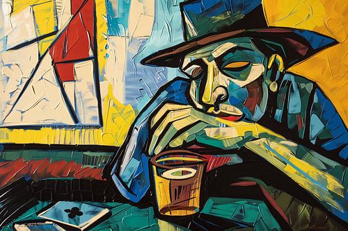 Man in café met kaart en glas