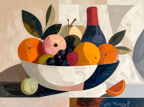 Fruitschaal (met fles wijn)
